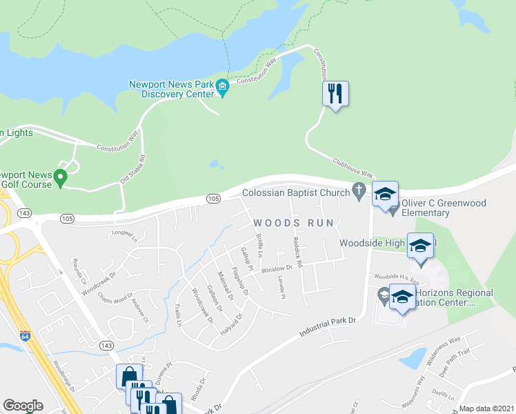 map of restaurants, bars, coffee shops, grocery stores, and more near 126 Tack Court in Newport News