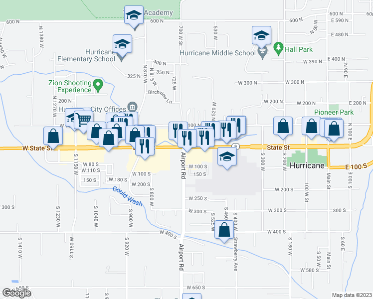 map of restaurants, bars, coffee shops, grocery stores, and more near 687 State Street in Hurricane