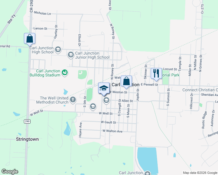 map of restaurants, bars, coffee shops, grocery stores, and more near 111 South Roney Street in Carl Junction