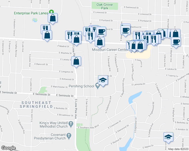 map of restaurants, bars, coffee shops, grocery stores, and more near 2039 South Ventura Avenue in Springfield