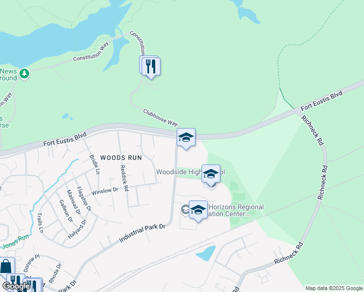 map of restaurants, bars, coffee shops, grocery stores, and more near 13460 Woodside Lane in Newport News