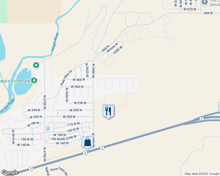 map of restaurants, bars, coffee shops, grocery stores, and more near 357 North 3300 West in Hurricane