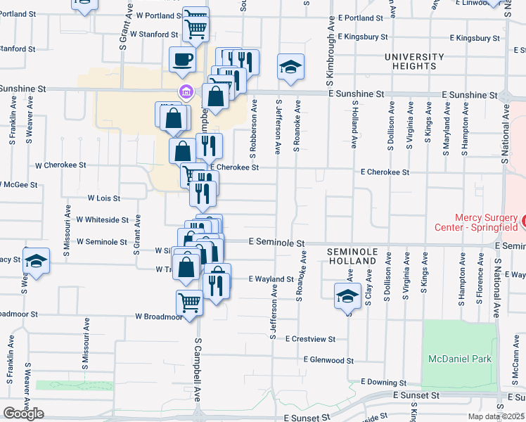 map of restaurants, bars, coffee shops, grocery stores, and more near 307 East Whiteside Street in Springfield