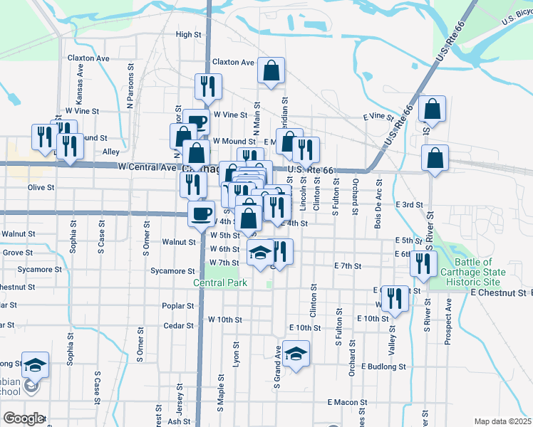 map of restaurants, bars, coffee shops, grocery stores, and more near in Carthage