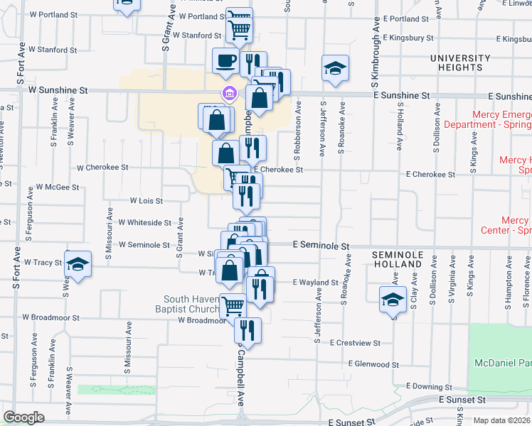 map of restaurants, bars, coffee shops, grocery stores, and more near 230 West Whiteside Street in Springfield