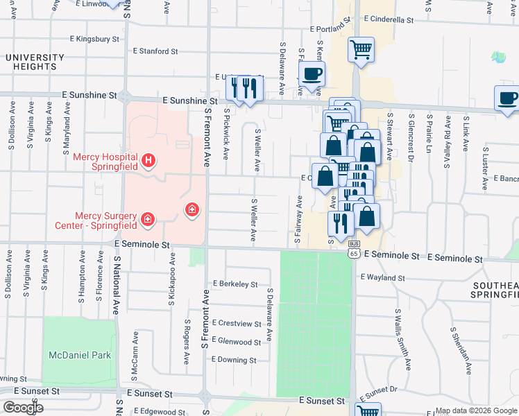 map of restaurants, bars, coffee shops, grocery stores, and more near 1500 East Lindberg Street in Springfield
