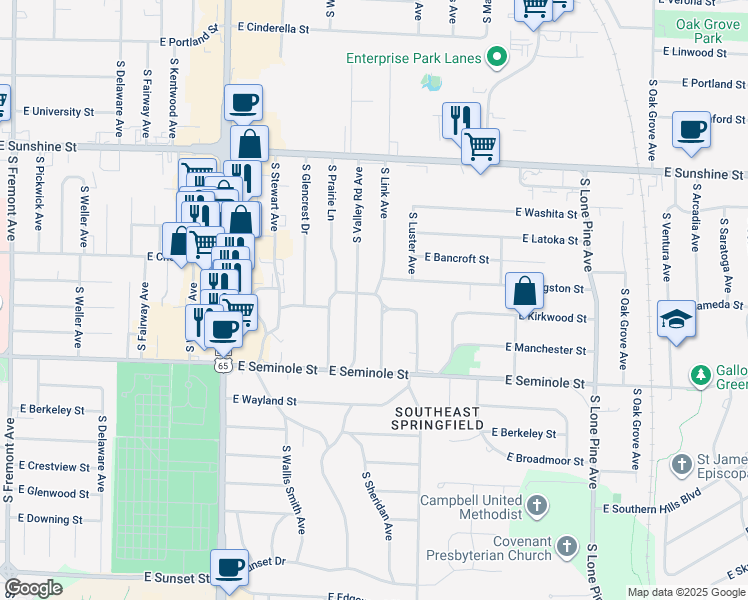 map of restaurants, bars, coffee shops, grocery stores, and more near 2025 South Link Avenue in Springfield