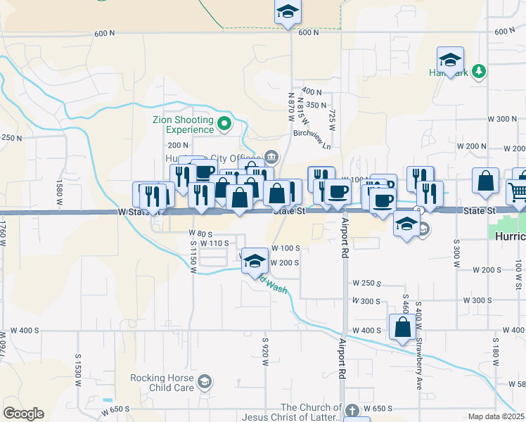 map of restaurants, bars, coffee shops, grocery stores, and more near 979 W State St in Hurricane