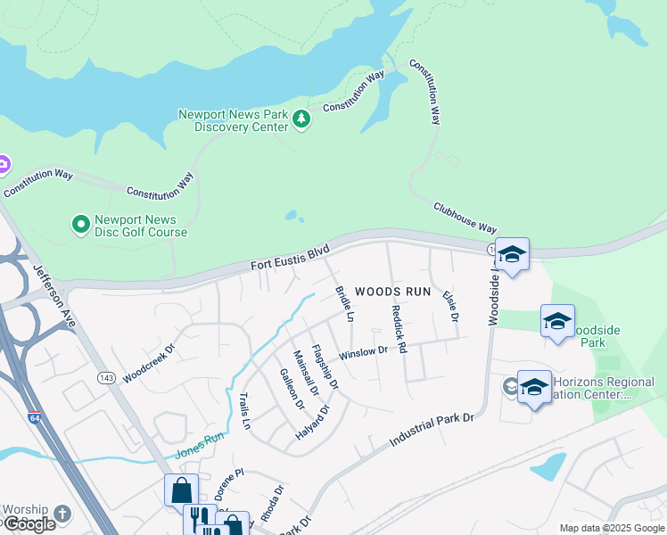 map of restaurants, bars, coffee shops, grocery stores, and more near 110 Tack Court in Newport News