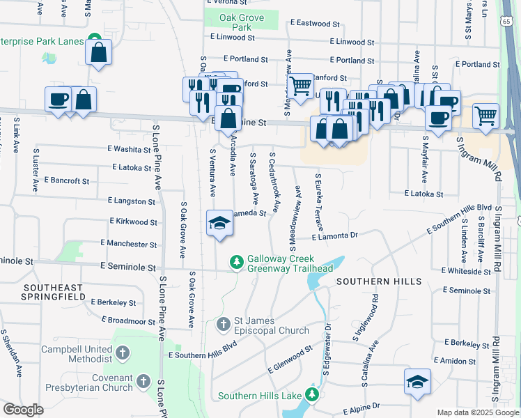 map of restaurants, bars, coffee shops, grocery stores, and more near 2041 South Cedarbrook Avenue in Springfield