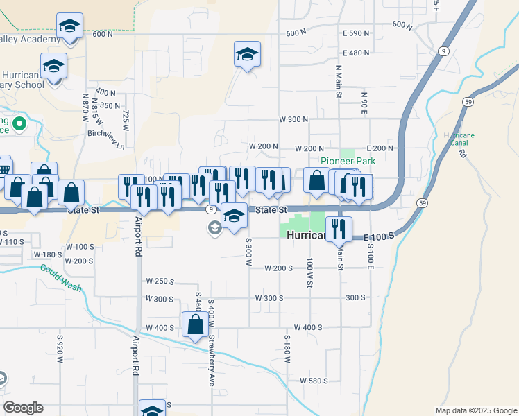 map of restaurants, bars, coffee shops, grocery stores, and more near 270 Utah 9 in Hurricane