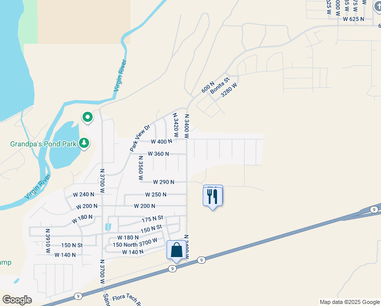 map of restaurants, bars, coffee shops, grocery stores, and more near 346 North 3420 West in Hurricane