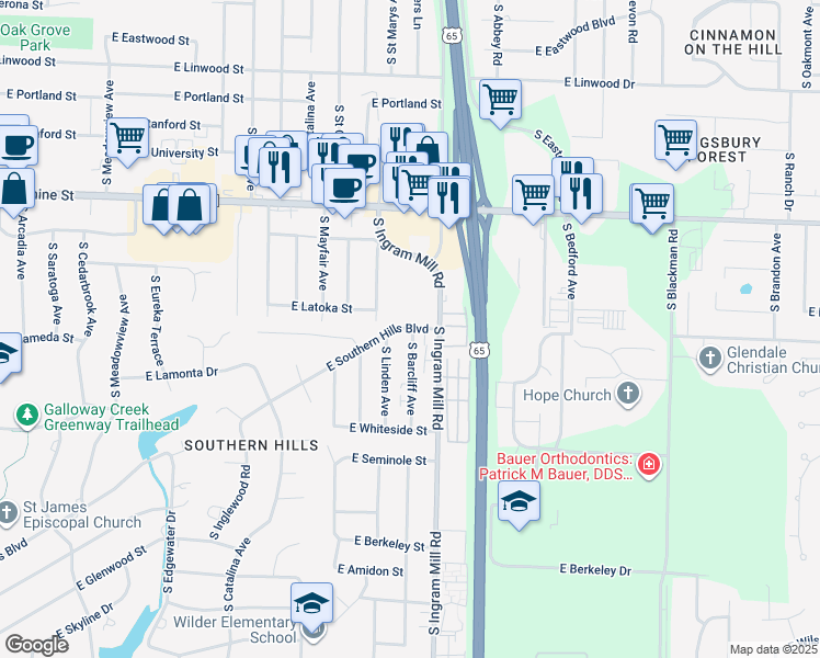 map of restaurants, bars, coffee shops, grocery stores, and more near 2026 South Barcliff Avenue in Springfield