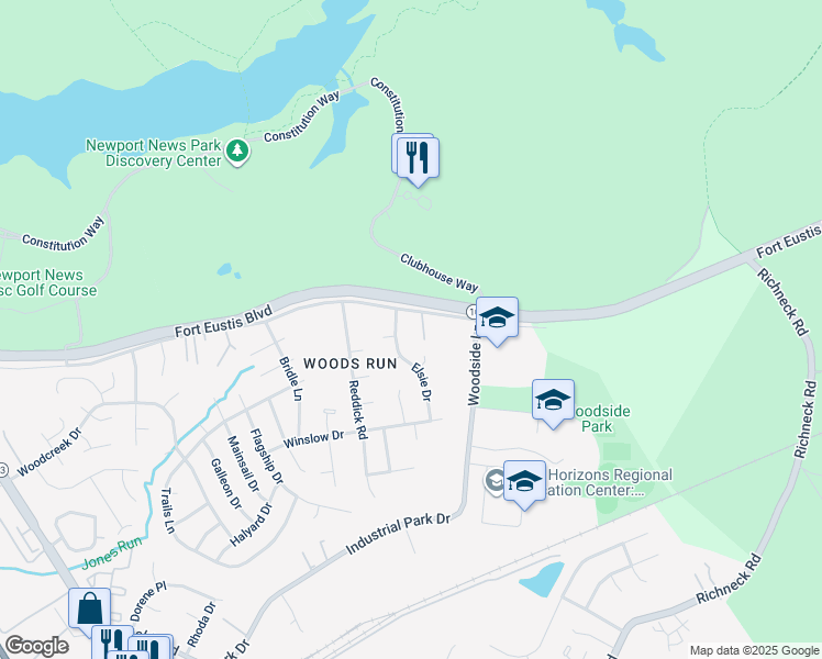 map of restaurants, bars, coffee shops, grocery stores, and more near 838 Old Fort Eustis Boulevard in Newport News