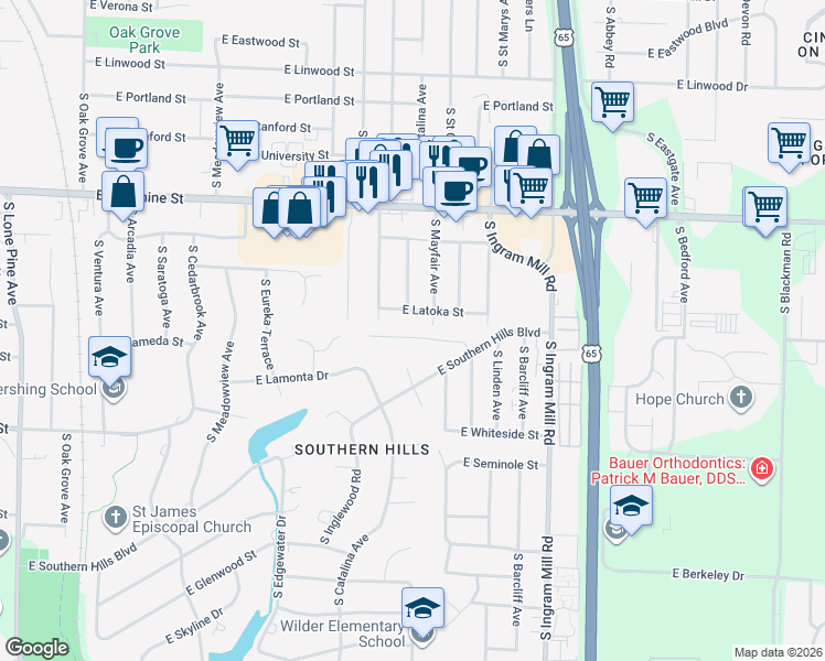 map of restaurants, bars, coffee shops, grocery stores, and more near 3174 E Topping Cir in Springfield