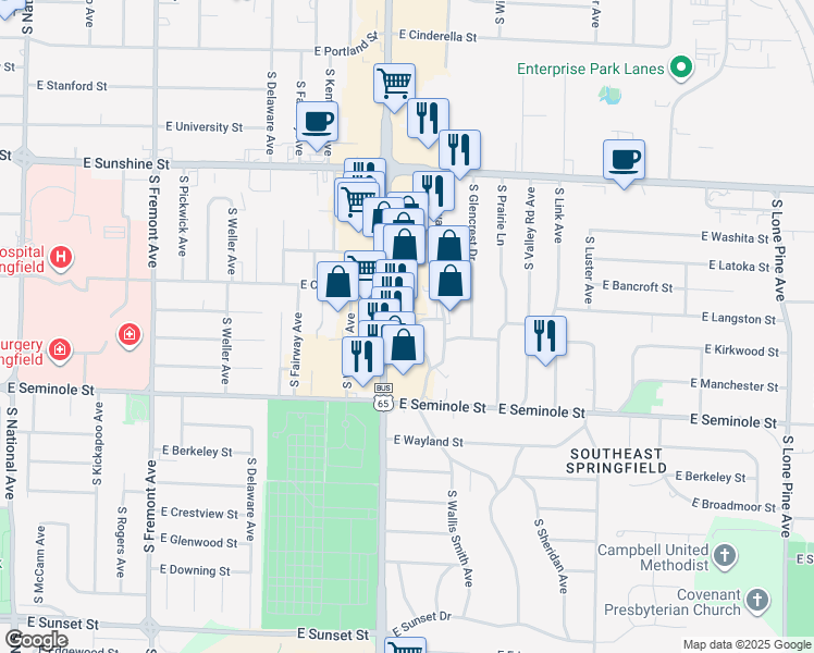 map of restaurants, bars, coffee shops, grocery stores, and more near 2105-2115 South Brentwood Boulevard in Springfield