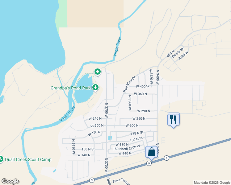 map of restaurants, bars, coffee shops, grocery stores, and more near 402 North 3650 West in Hurricane