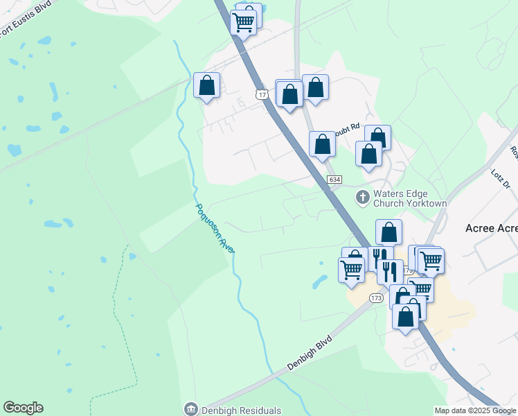 map of restaurants, bars, coffee shops, grocery stores, and more near 107 Wheeley Circle in Yorktown