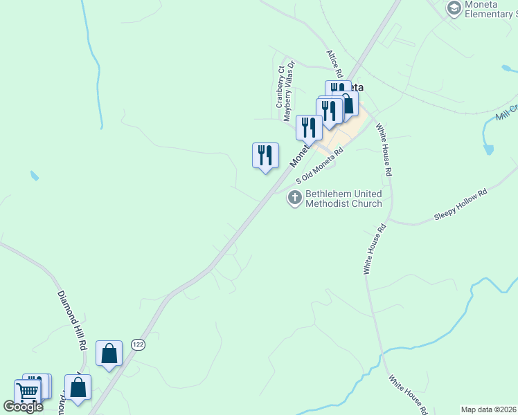 map of restaurants, bars, coffee shops, grocery stores, and more near 13806 Moneta Road in Moneta