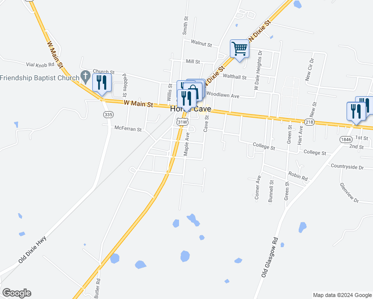 map of restaurants, bars, coffee shops, grocery stores, and more near East Kathleen Avenue in Horse Cave