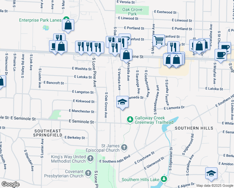 map of restaurants, bars, coffee shops, grocery stores, and more near 2028 South Oak Grove Avenue in Springfield