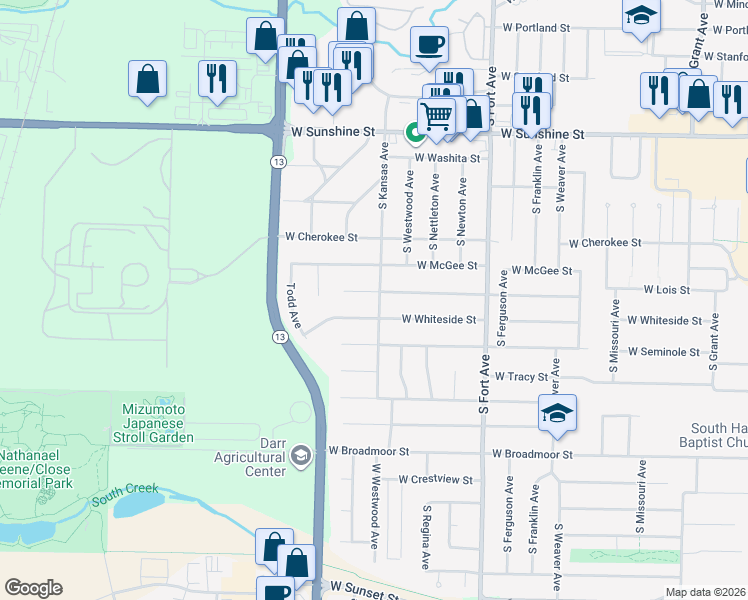 map of restaurants, bars, coffee shops, grocery stores, and more near 2096-2154 South Kansas Avenue in Springfield