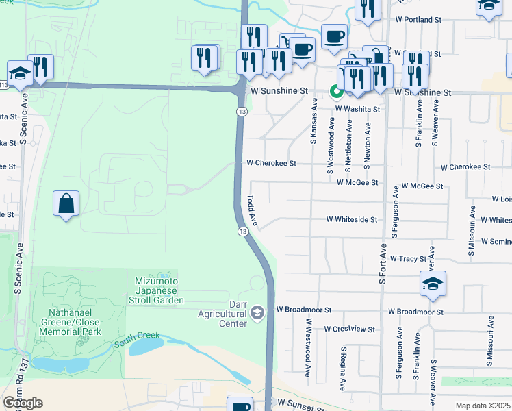 map of restaurants, bars, coffee shops, grocery stores, and more near 1739 West Whiteside Street in Springfield