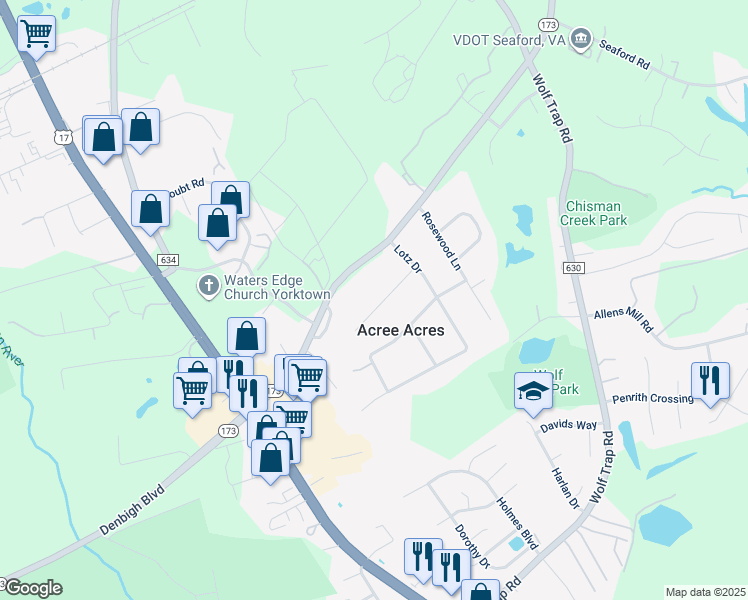 map of restaurants, bars, coffee shops, grocery stores, and more near 112 Bell Hill Drive in Yorktown