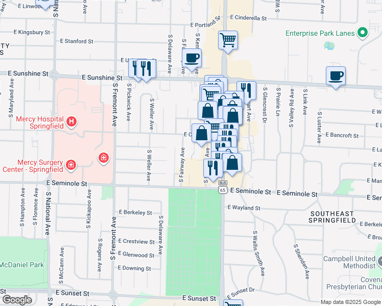 map of restaurants, bars, coffee shops, grocery stores, and more near 2060 South Fairway Avenue in Springfield