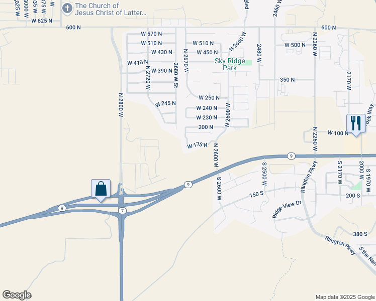 map of restaurants, bars, coffee shops, grocery stores, and more near 3429 West 175 North in Hurricane
