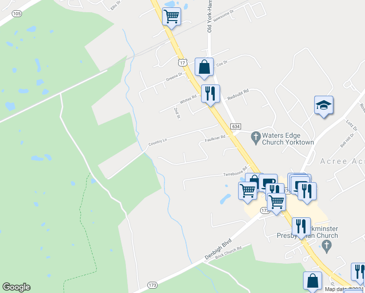 map of restaurants, bars, coffee shops, grocery stores, and more near 107 Wheeley Circle in Yorktown