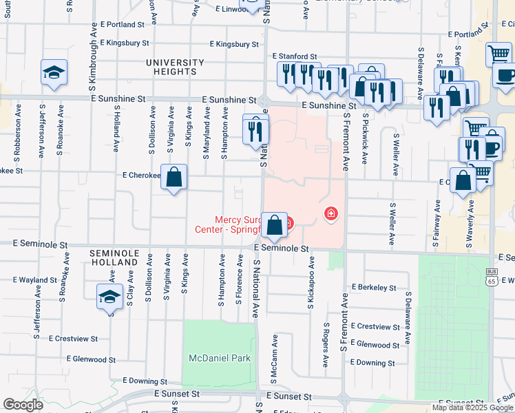 map of restaurants, bars, coffee shops, grocery stores, and more near 2049 South National Avenue in Springfield