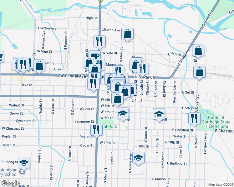 map of restaurants, bars, coffee shops, grocery stores, and more near 116 West 2nd Street in Carthage