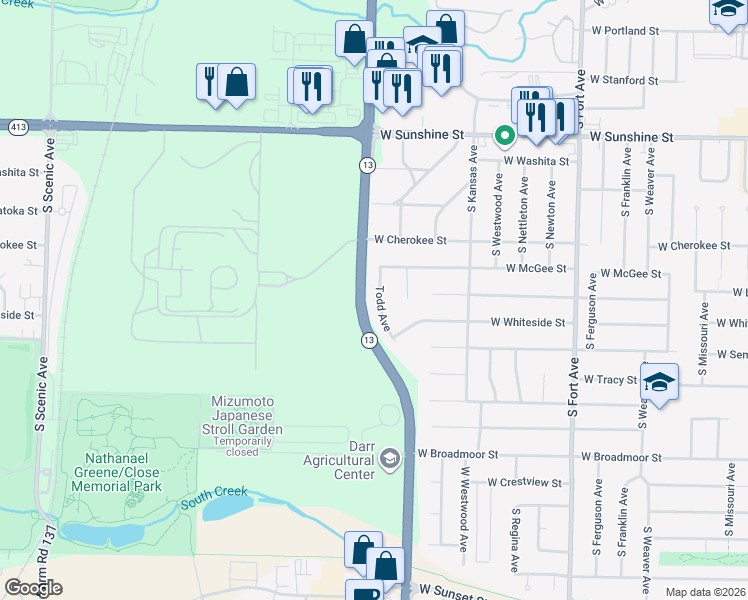 map of restaurants, bars, coffee shops, grocery stores, and more near 2034-2182 South Kansas Expressway in Springfield