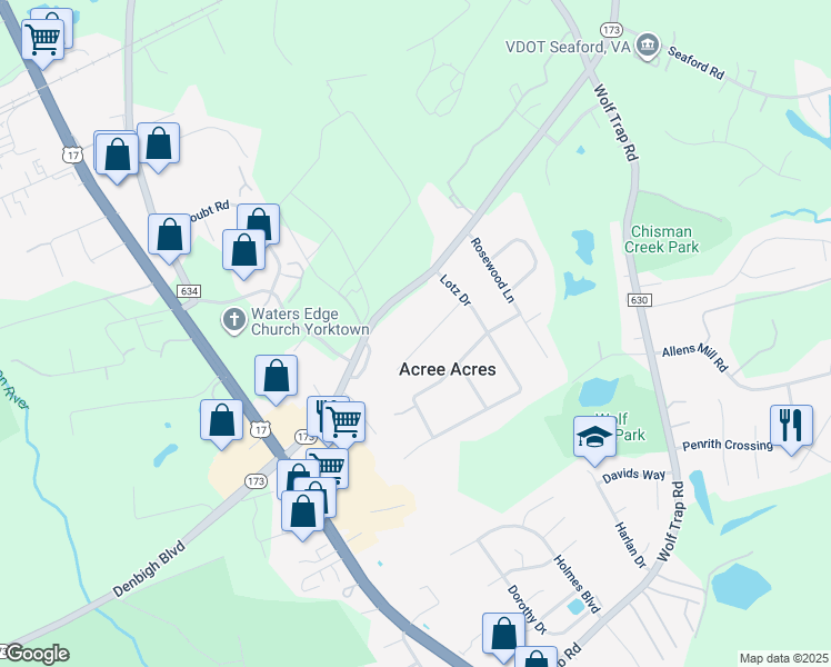 map of restaurants, bars, coffee shops, grocery stores, and more near 112 Bell Hill Drive in Yorktown