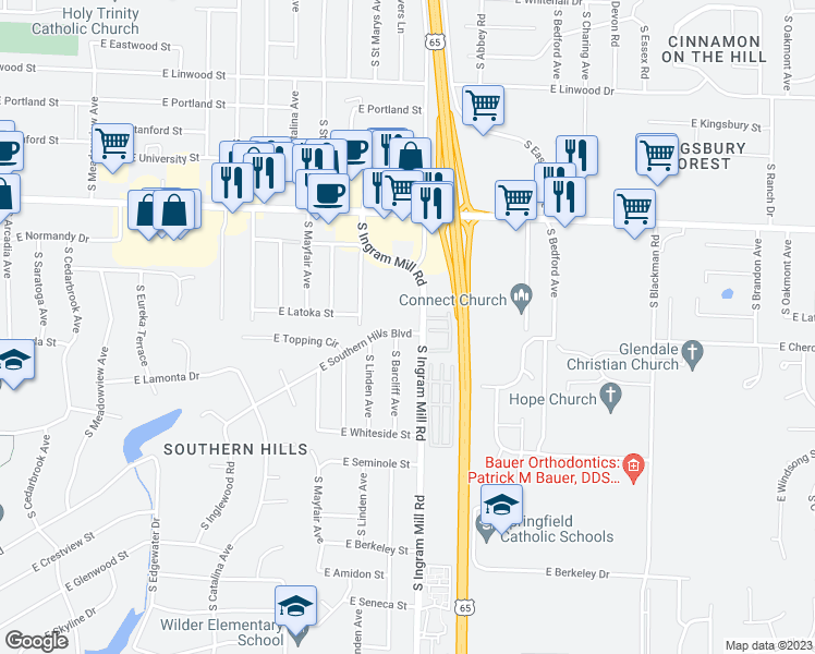 map of restaurants, bars, coffee shops, grocery stores, and more near 3359 East Southern Hills Boulevard in Springfield