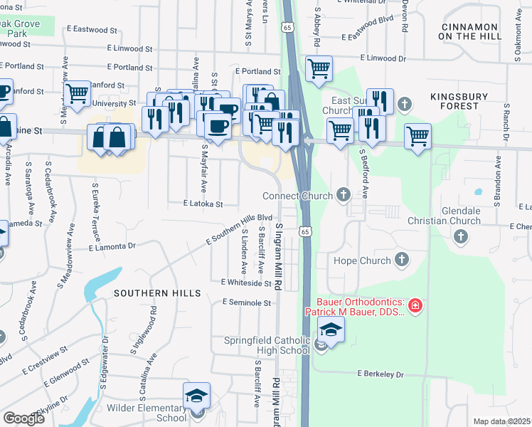 map of restaurants, bars, coffee shops, grocery stores, and more near 3339 East Southern Hills Boulevard in Springfield