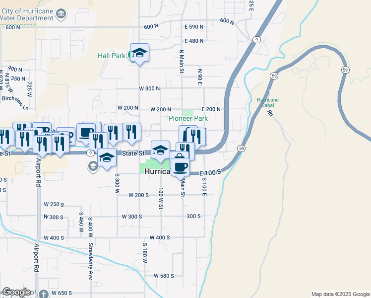 map of restaurants, bars, coffee shops, grocery stores, and more near 60 North Main Street in Hurricane