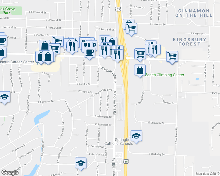 map of restaurants, bars, coffee shops, grocery stores, and more near 1925 South Ingram Mill Road in Springfield