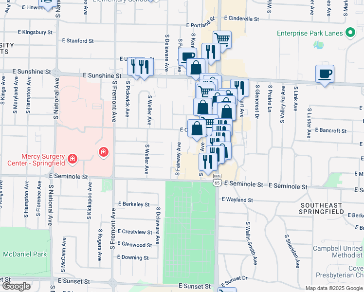 map of restaurants, bars, coffee shops, grocery stores, and more near 2016 South Fairway Avenue in Springfield