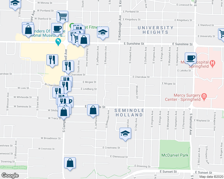 map of restaurants, bars, coffee shops, grocery stores, and more near 523 East Lindberg Street in Springfield