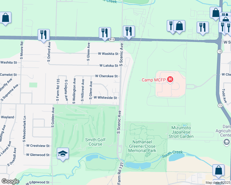 map of restaurants, bars, coffee shops, grocery stores, and more near 2711 West Whiteside Street in Springfield