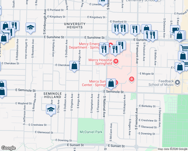 map of restaurants, bars, coffee shops, grocery stores, and more near 2014 South Hampton Avenue in Springfield