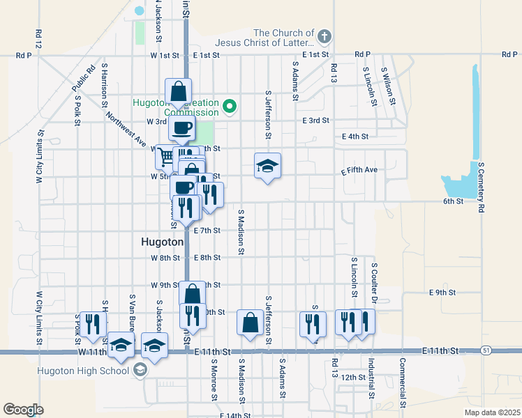 map of restaurants, bars, coffee shops, grocery stores, and more near 400-408 E 6th St in Hugoton