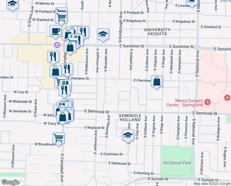 map of restaurants, bars, coffee shops, grocery stores, and more near 2001 South Kimbrough Avenue in Springfield
