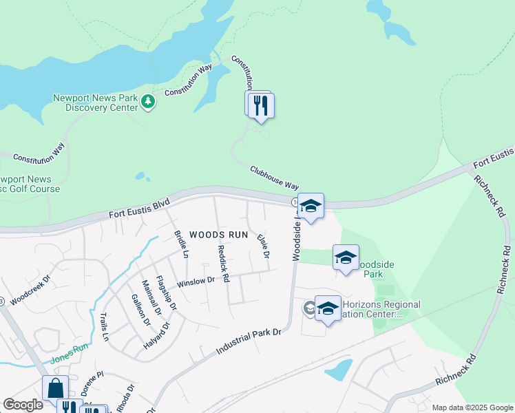 map of restaurants, bars, coffee shops, grocery stores, and more near 838 Old Fort Eustis Boulevard in Newport News