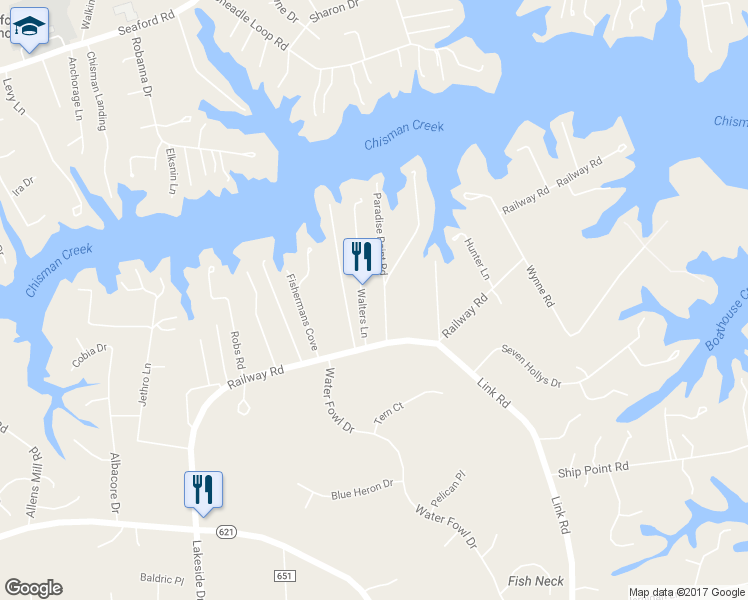 map of restaurants, bars, coffee shops, grocery stores, and more near 107 Paradise Point Road in Yorktown