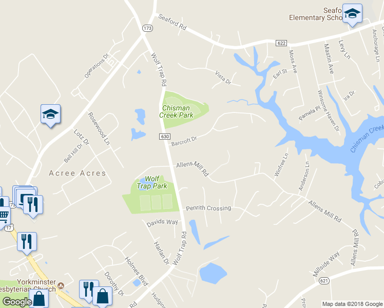 map of restaurants, bars, coffee shops, grocery stores, and more near 612 Allens Mill Road in Yorktown