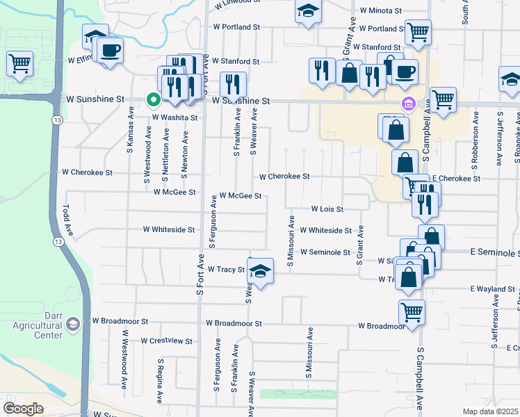 map of restaurants, bars, coffee shops, grocery stores, and more near 1106 West McGee Street in Springfield