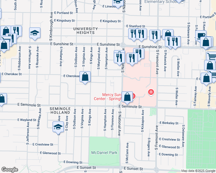 map of restaurants, bars, coffee shops, grocery stores, and more near 2014 South Hampton Avenue in Springfield